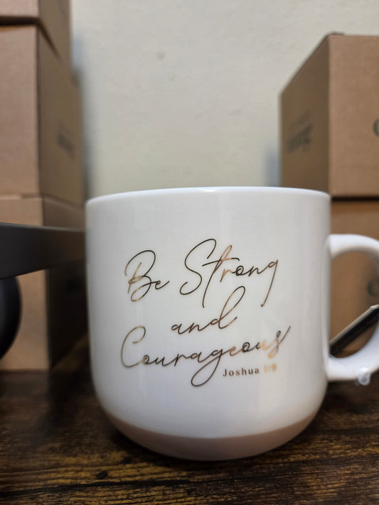 Be Strong and Courageous Pink Dahlia Ceramic Coffee Mug